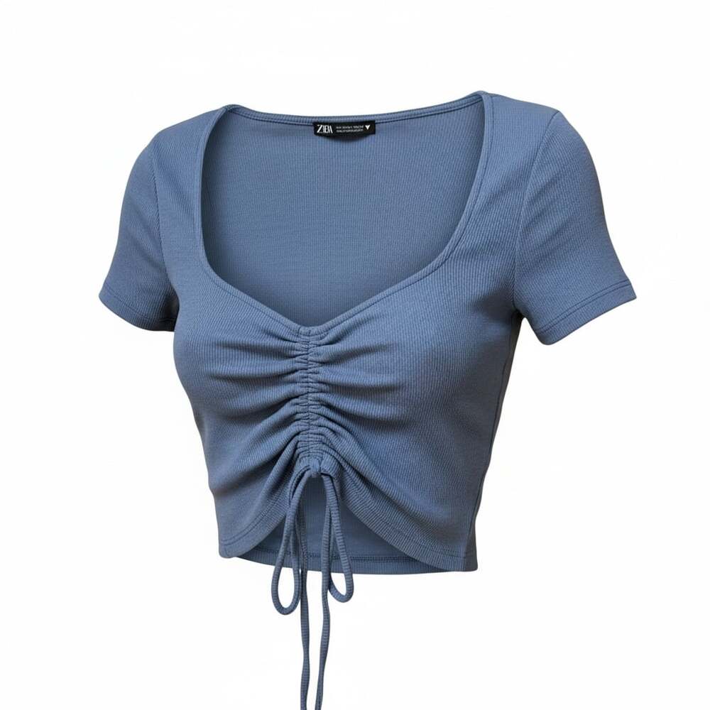 Zara Blue Ribbed Ruched Drawstring Front Crop Top